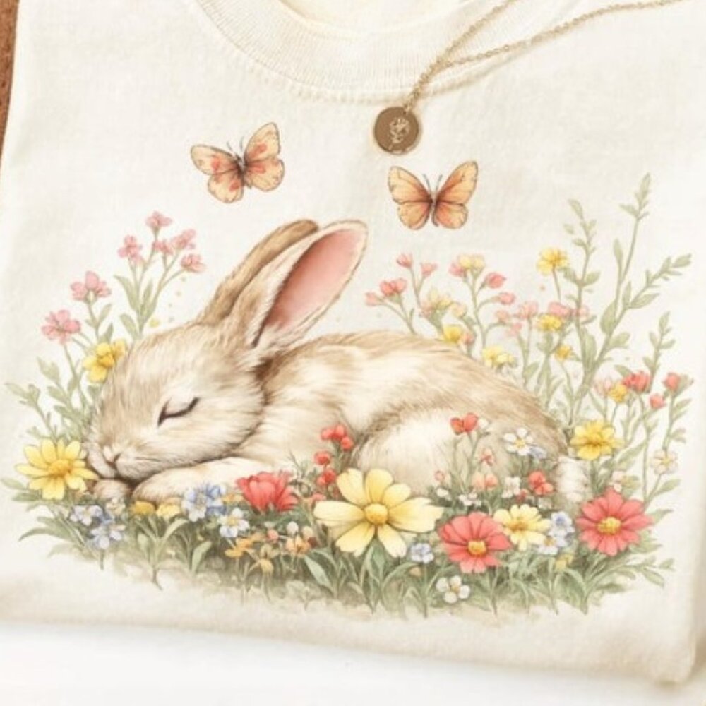 Boho Floral Bunny Shirt Easter Bunny T-shirt Happy Easter Tee - Picture 2 of 4